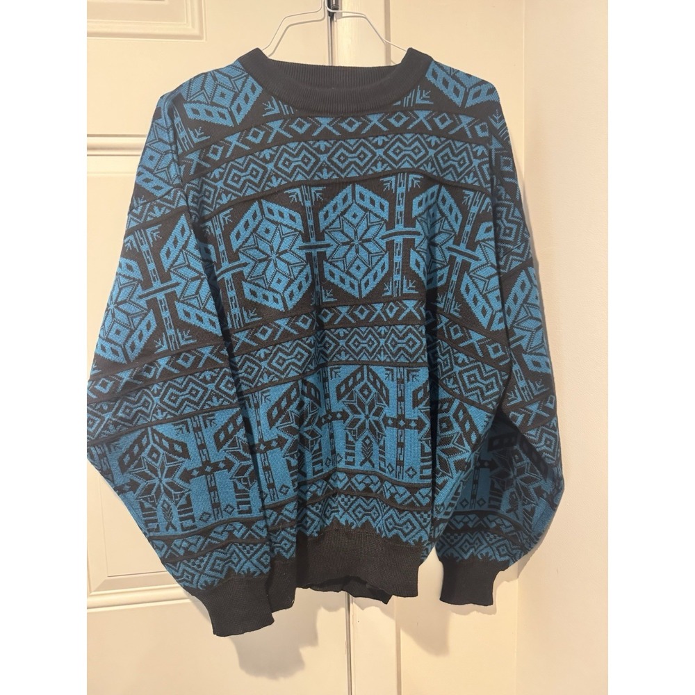 Vintage Obermeyer Sweater Men's Nordic Blue Black Snowflakes Ski Wool Blend XL
